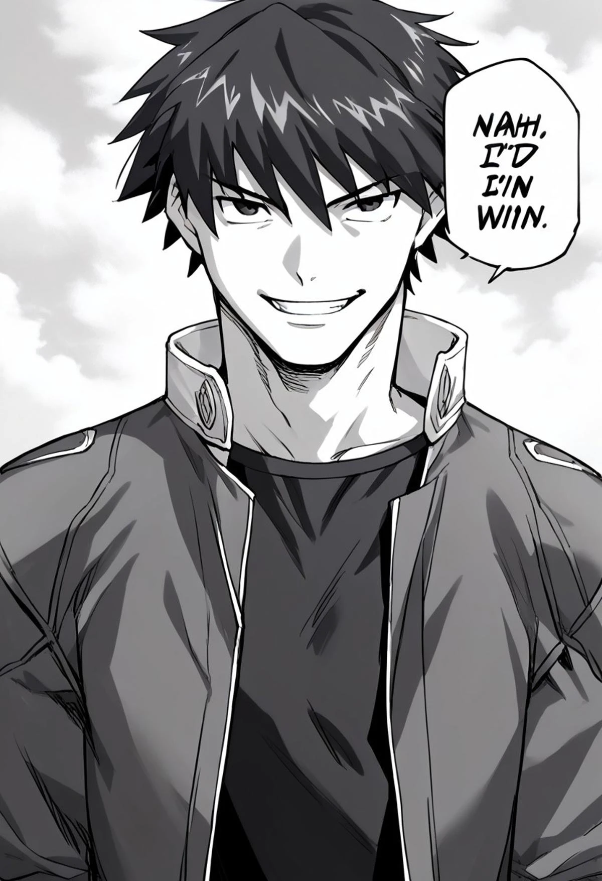score_9, score_8_up, score_7_up, source_anime,
1boy, solo, black hair, short hair, jacket, open clothes, black shirt, grin, nahidwin, speech bubble, english text, monochrome, greyscale