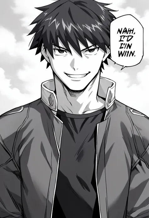 score_9, score_8_up, score_7_up, source_anime, 
1boy, solo, black hair, short hair,  jacket, open clothes, black shirt, grin, nahidwin, speech bubble, english text, monochrome, greyscale