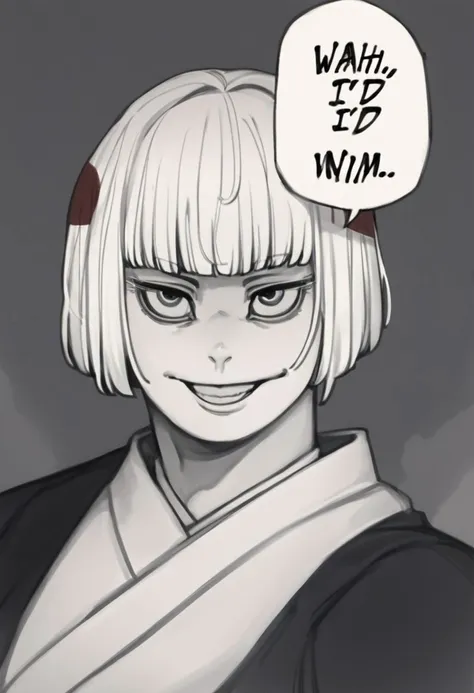 score_9, score_8_up, score_7_up, source_anime, monochrome, portrait, nahidwin, speech bubble, english text, solo, female focus, 1girl, uràume, smile, looking at viewer, white hair, bob cut, blunt hair, magneta eyes, japanese clothes, black kimono, white kimono, long sleeves, wide sleeves,<lora:jjk_uraume_ponyXL:1> <lora:meme_nahidwin_ponyXL:1>