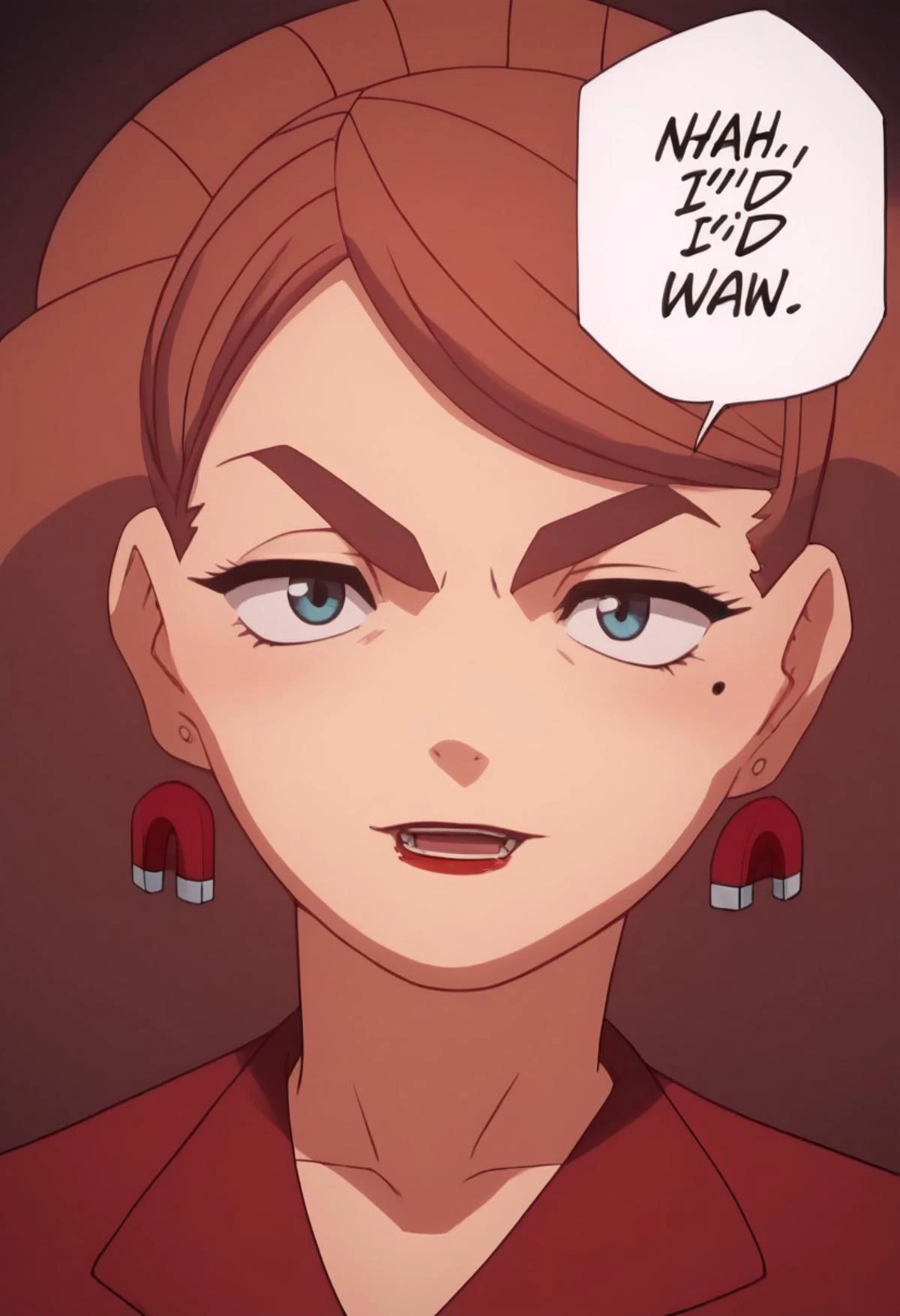score_9, score_8_up, score_8, sexy 29 year old female Teslamagnet, Red jacket, red skirt, pink pantyhose, petite body, ahidwin, speech bubble, english text, upper body