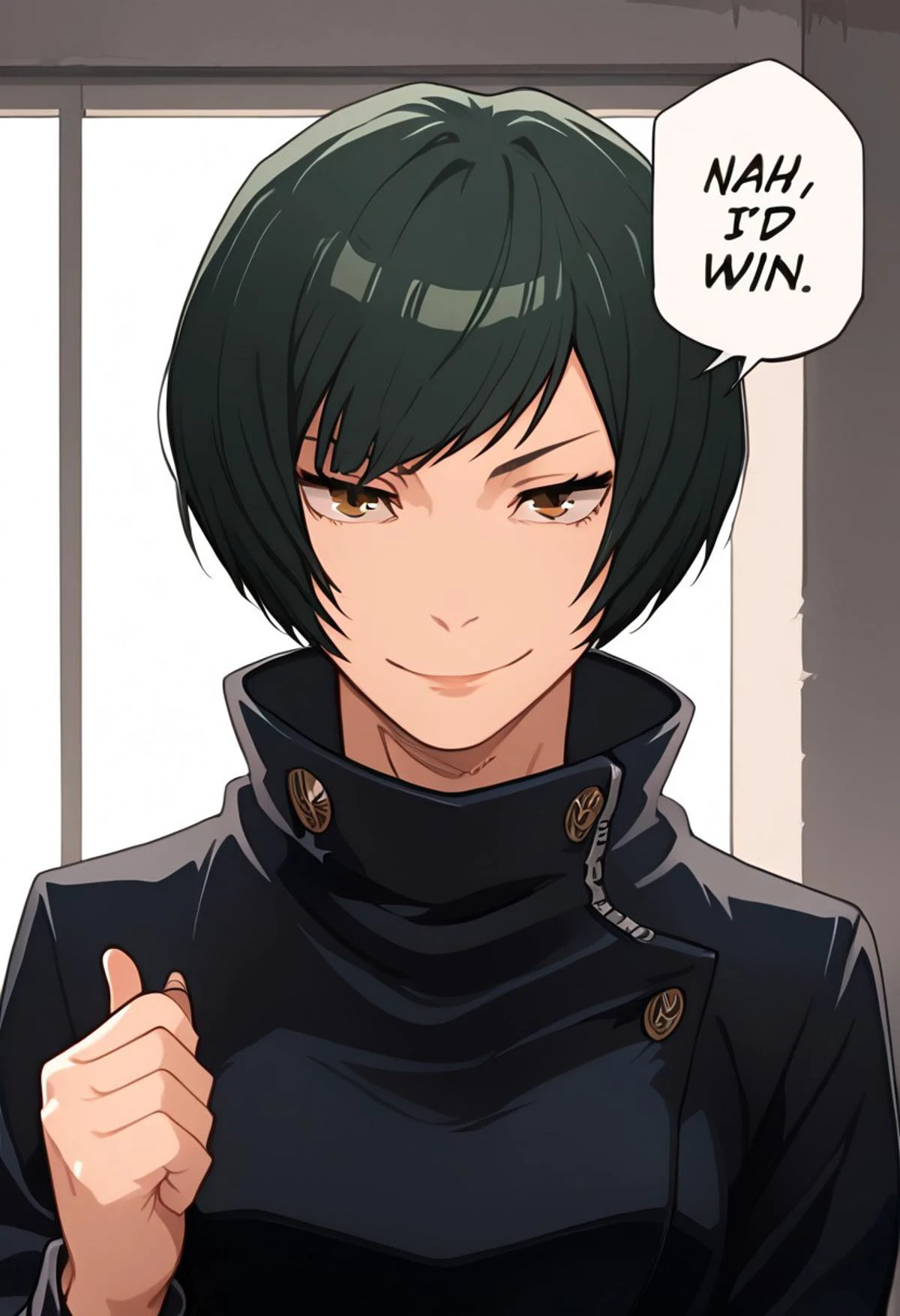 score_9, score_8_up, score_7_up,
serius, upper body,
shiny skin, smirk, clothed, 1girl, solo, (((bob cut hair style))), Maizenin,green hair,brown eyes, indoors, long sleeves,pants, boots, negative_hand, negative_hand-neg, nahidwin, speech bubble, english text, monochrome, greyscale
