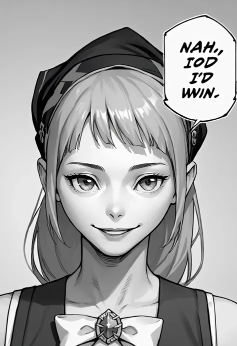 score_9, score_8_up, score_7_up, source_anime, monochrome, greyscale, portrait, nahidwin, speech bubble, english text, solo, 1girl, feliciapicnic, ponytail, bandana, bow, sleeveless, smile, looking at viewer <lora:meme_nahidwin_ponyXL:1> <lora:felicia-fe-richy-v1_xl:0.9>