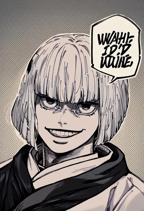 score_9, score_8_up, score_7_up, source_anime, monochrome, portrait, nahidwin, speech bubble, english text, solo, female focus, 1girl, uràume, smile, looking at viewer, white hair, bob cut, blunt hair, magneta eyes, japanese clothes, black kimono, white kimono, long sleeves, wide sleeves,<lora:jjk_uraume_ponyXL:1> <lora:meme_nahidwin_ponyXL:1>
