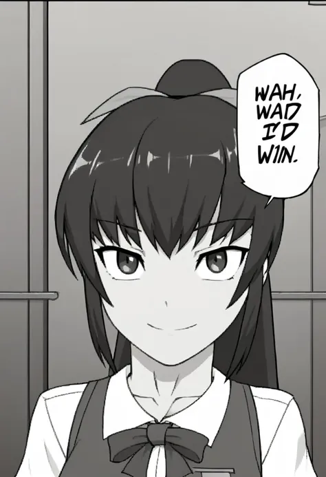 score_9, score_8_up, score_7_up, source_anime, 2D, flat colors, flat shadows, anime_screencap,
1girl, satsukirindo, large breasts, ponytail, hair ribbon, white shirt, short sleeves, vest, bow, school uniform, nahidwin, speech bubble, english text, monochrome, greyscale, smile,