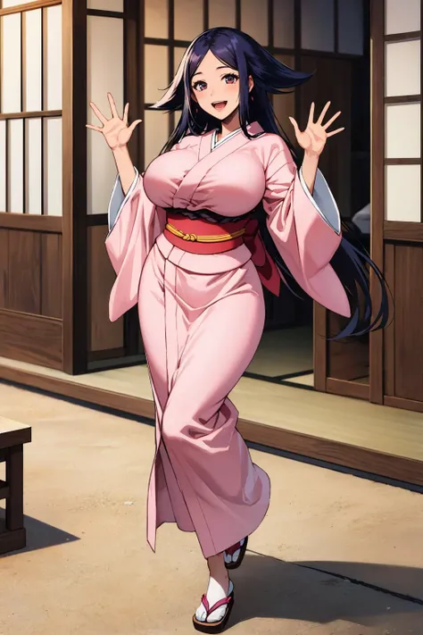 masterpiece, best quality, oharu, pink kimono, sash, sandals, large breasts, smile, open mouth japanese architecture, house, looking at viewer, excited, waving <lora:oharu-nvwls-v2-000010:0.9>