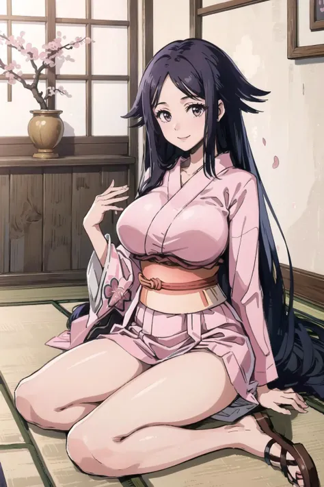 masterpiece, best quality, oharu, pink kimono, sash, sandals, large breasts, smile, japanese architecture, yokozuwari, cherry blossom, indoors, bamboo mat <lora:oharu-nvwls-v2-000010:0.9> <lora:concept_yokozuwari-12:1>