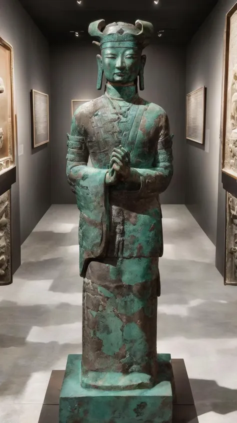 A bronze artifact from over 2500 years ago is on display in a museum,((Bronze Cultural Relics Exhibition)),(Panorama:1.2),((masterpiece, best quality, ultra-detailed)),(((detail))),ray tracing, cinematic lighting,absurdres, highres, ,soothing tones, soft colors, high contrast,natural skin texture, surreal, Museum Lighting, sharp,photography lighting,((Real environment)), super reality,photography,(RAW photo),(realistic, photo-realistic:1.3),((8K)), official art,(super high resolution),owo style,chibi,(exhibits:1.2),Cultural relics from the pre Qin period in China,Ancient Chinese Bronzes,Bronze artifacts ,Bronze pattern,verdigris,(Complex veins)