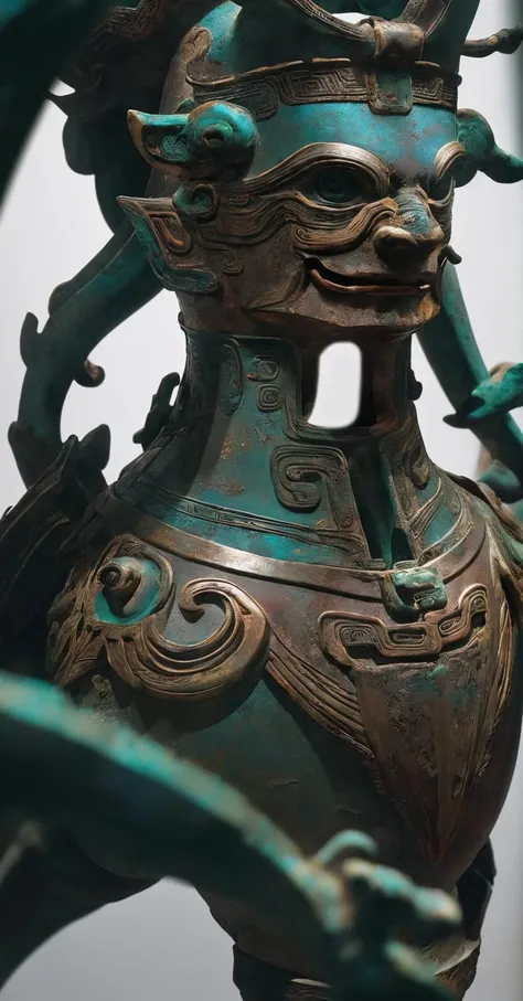 Museum showcase,A bronze artifact from over 2500 years ago is on display in a museum,((Bronze Cultural Relics Exhibition)),(Panorama:1.2),((masterpiece, best quality, ultra-detailed)),(((detail))),ray tracing, cinematic lighting,absurdres, highres,soothing tones, soft colors, high contrast,natural skin texture, surreal, Museum Lighting, sharp,photography lighting,((Real environment)), super reality,photography,(RAW photo),(realistic, photo-realistic:1.3),((8K)), official art,(super high resolution),owo style,chibi,(exhibits:1.2),Cultural relics from the pre Qin period in China,Ancient Chinese Bronzes,Bronze artifacts ,Bronze pattern,verdigris,(Complex veins),(Bronze mythical beast)