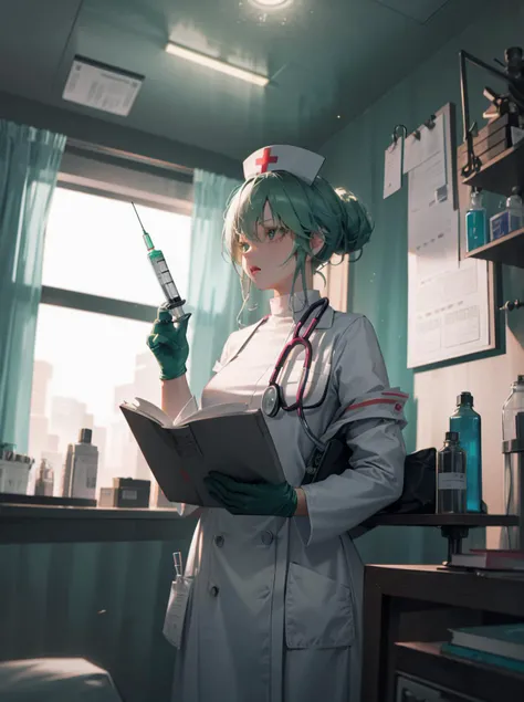 holding syringe ,(holding book:1.15),nurse suit,nurse cap, stethoscope,green gloves, hospital, hospital bed,iv stand,pill bottle, hair up,, masterpiece,1girl,cute