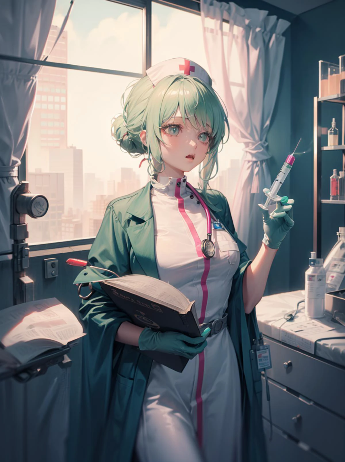 holding syringe ,(holding book:1.15),nurse suit,nurse cap, stethoscope,green gloves, hospital, hospital bed,iv stand,pill bottle, hair up,, masterpiece,1girl,cute