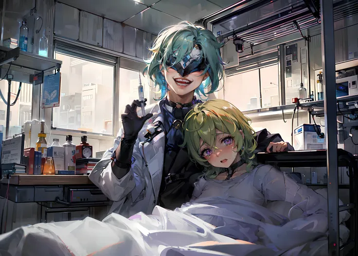 masterpiece, best quality, night, dark, subdued cold light, 3d face, realistic, lustrous skin, 1boy, in the laboratory, a lot of flasks on the background, hospital, hospital bed, horror, evil scientist's lair, standing over the hospital bed, (holding a syring:1.25), syringe in hand, upper body, <lora:Dottore_Genshin_Impact-000021:1>,Dottore (genshin impact), blue hair, crazy smile, <lora:holding syringe-000008:0.8>, holding syringe