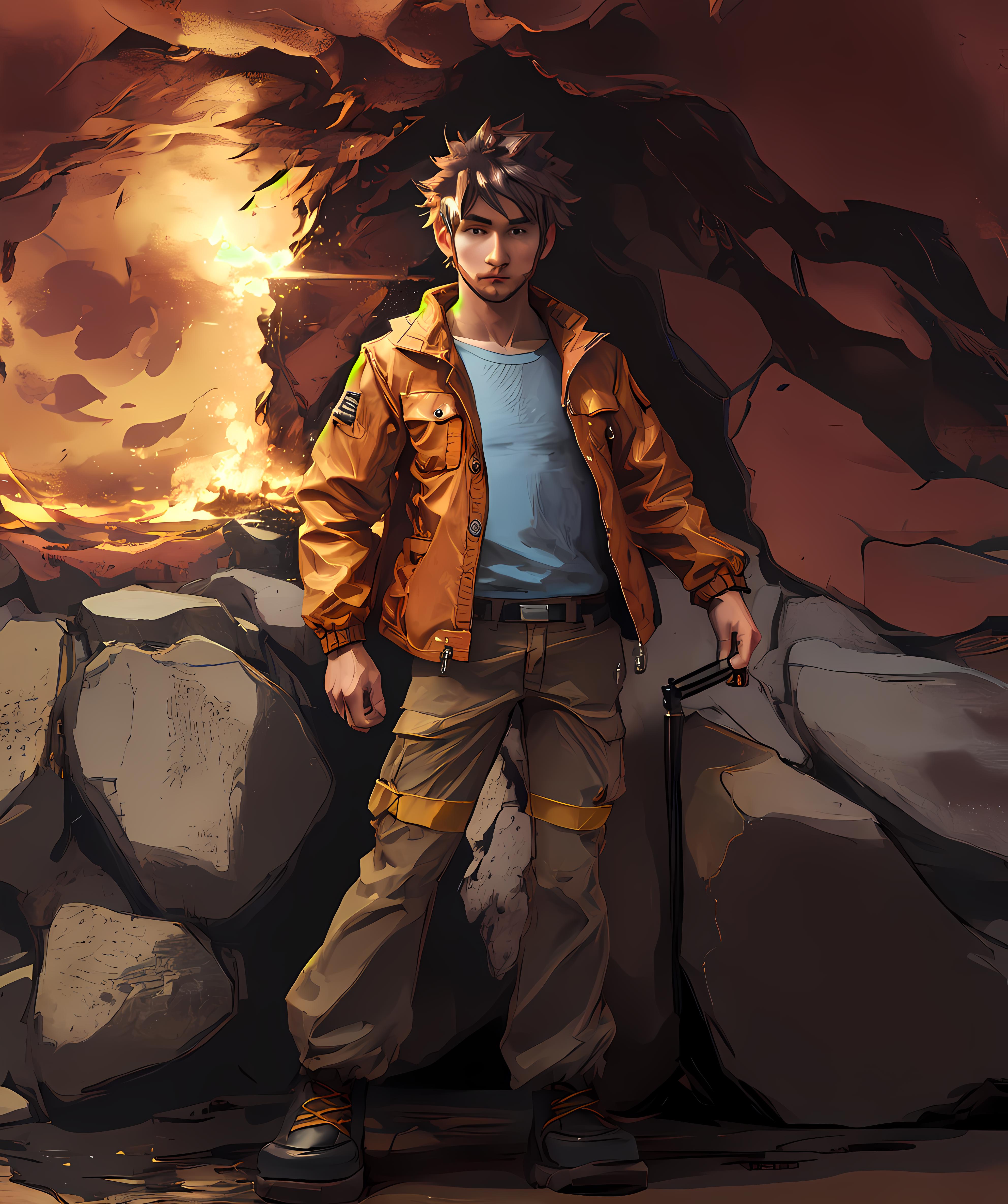 A close up of a person standing in front of a rock - SeaArt AI
