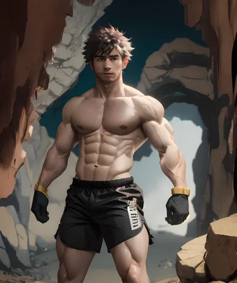 byron_pokemon, standing, muscular, beard, white gloves, (black shorts, topless), cave <lora:Byron-15:0.85>