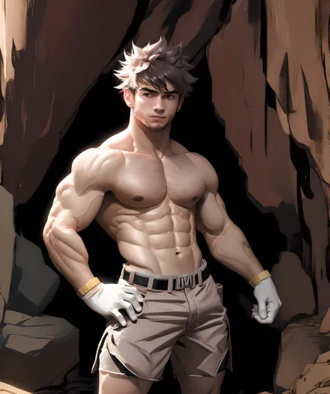 byron_pokemon, standing, muscular, beard, white gloves, (black shorts, topless), cave <lora:Byron-15:0.85>