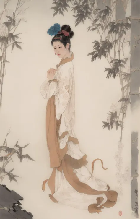 chinese ink painting, traditional media, liujiyou, 1 girl, wearing hanfu, dancing in the forest, floral background, hair flower, <lora:liujiyou-000008:0.8>