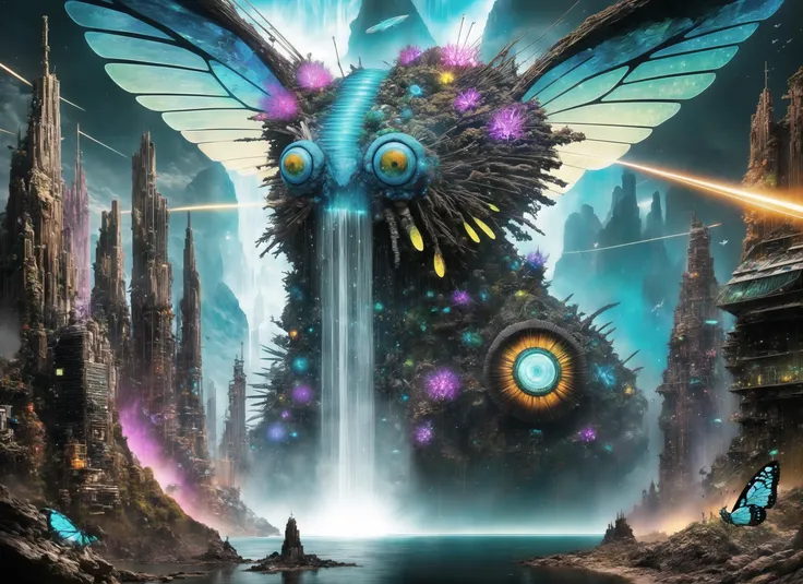 <lora:gonzobugs:1> gonzobugs Supernova Agate detail-packed butterfly monster, cyberpunk landscape, 8k resolution concept art, Wadim Kashin, Alphonse Mucha, hyperdetailed, complex, hypercomplex hyperdetailed, astonishing, a waterfall with a lot of lights in it and a building in the background with a sky background and a waterfall, album cover art, pixiv, cgsociety, bioluminescence