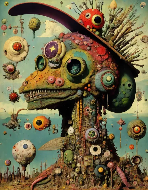 <lora:KoGonzobugs:1> gonzobugs squid monster with a hat, deep sea fishing, vehicle, agate geode dandelion clowncore, war-torn post apocalyptic wonderland, fauvism , Caspar David Friedrich , Takashi Murakami , Diane Dillon , album cover art, perfect, smooth, pixiv, cgsociety,