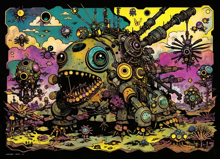 <lora:gonzobugs:1> gonzobugs insect monster, deep sea fishing, ver.ka mecha, vehicle, agate geode dandelion clowncore, war-torn post apocalyptic wonderland, fauvism , Caspar David Friedrich , Takashi Murakami , Diane Dillon , album cover art, perfect, smooth, pixiv, cgsociety, <lora:cyberpunk2077Tarot_tarotCard:.45>, worn, old, dirty <lora:Vehicle:.6> cyberpunk2077Tarot_tarotCard <lora:flowervirus_lora_2800steps:.5> flowervirus