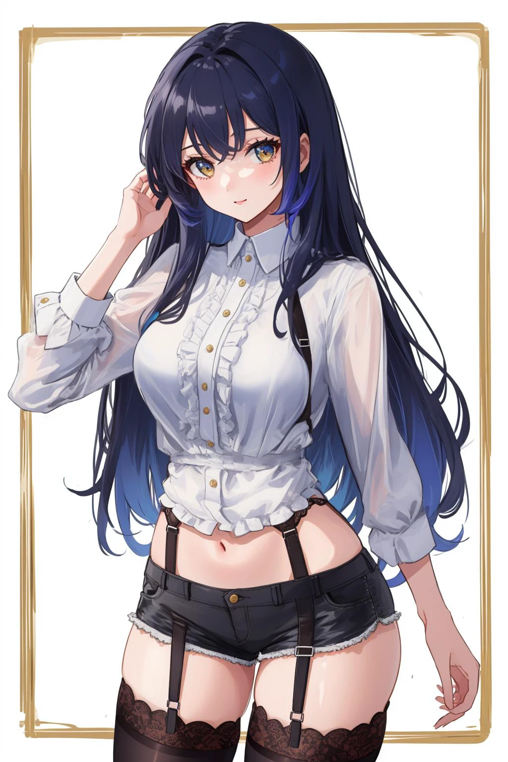 ((masterpiece, best quality)), 1girl, tall, cute young woman, colored hair, white shirt, shorts, black garter belt