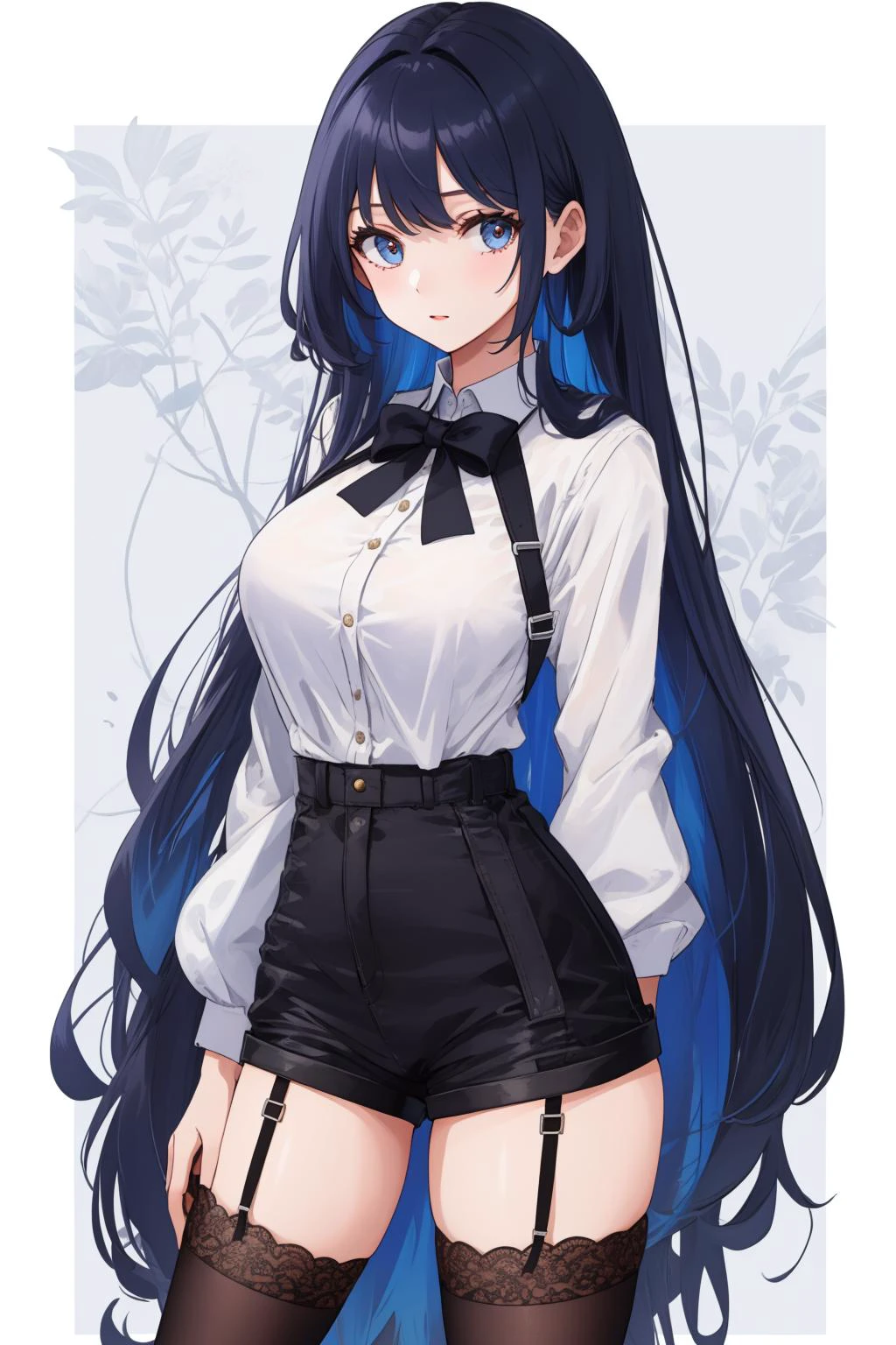 ((masterpiece, best quality)), 1girl, tall, cute young woman, colored hair, white shirt, shorts, black garter belt