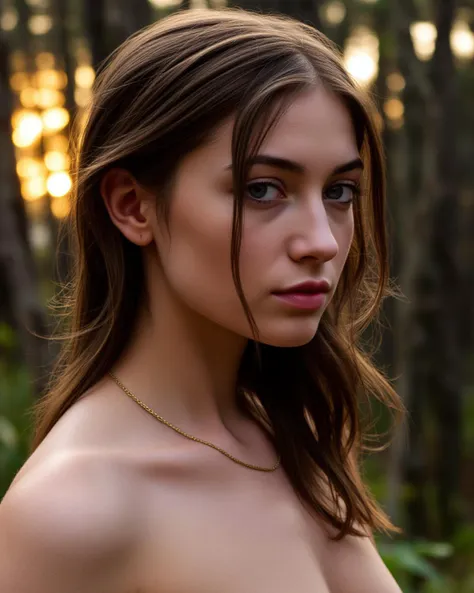 side angle photo of a wild forest girl, 19 years old, gorgeous, cute, pretty, fit, petite, sweaty, beautiful face, shy, nude, perfect breasts, medium breasts, light freckles, detailed face, intricate details, naturalism, gold chain necklace, background magical forest at sunset, narrow waist, slim petite body, fit body, real skin, (intricately detailed eyes), (high saturation), (high contrast), (subsurface scattering), warm rich dark color palette