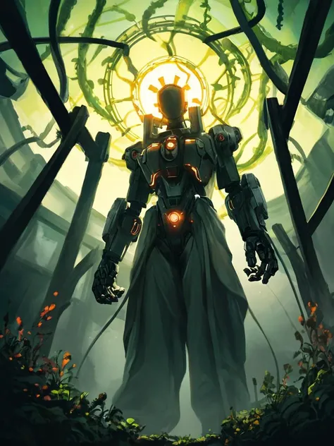 score_9,score_8_up,score_7_up,score_6_up,score_5_up,score_4_up,arob,robot,cyborg,metal,steel,cyberpunk,anime,mythp0rt, An anime scene depicting a solitary figure standing on the precipice of a moss-covered edifice, bathed in the spectral glow of a cerulean moon. Utilize a tenebrist palette, employing deep indigos and azures to evoke a sense of melancholic tranquility. The architecture should exhibit an ethereal, almost otherworldly quality, with intricate latticework and cascading vines. A diaphanous mist clings to the ground, reflecting the incandescent lanterns that illuminate the courtyard. Emphasize the interplay of light and shadow, using chiaroscuro to imbue the scene with a sense of mystery and depth. The camera should adopt a low angle, drawing the viewer's gaze upwards towards the imposing moon and the enigmatic figure silhouetted against the cosmic expanse. Introduce subtle animation in the form of gently swaying foliage and flickering lantern light to amplify the palpable stillness of the night.