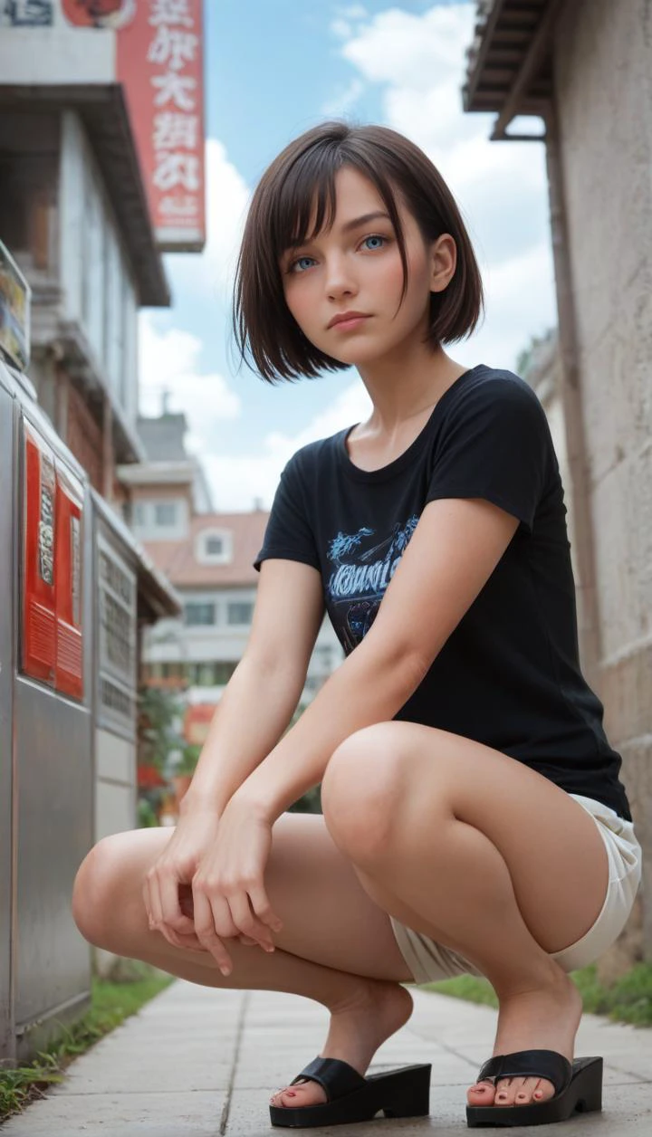 Stable_Yogis_PDXL_Positives , score_9, score_8_up, score_7_up, score_6_up,
sensitive, 1girl, solo, looking at viewer, blush, short hair, blue eyes, shirt, black hair, closed mouth, collarbone, full body, short sleeves, thighs, outdoors, sky, shorts, day, cloud, black footwear, feet, blue sky, black shirt, legs, toes, short shorts, bare legs, sandals, squatting, t-shirt, building, toenails, white shorts, toenail polish, can, platform footwear, contrail, vending machine