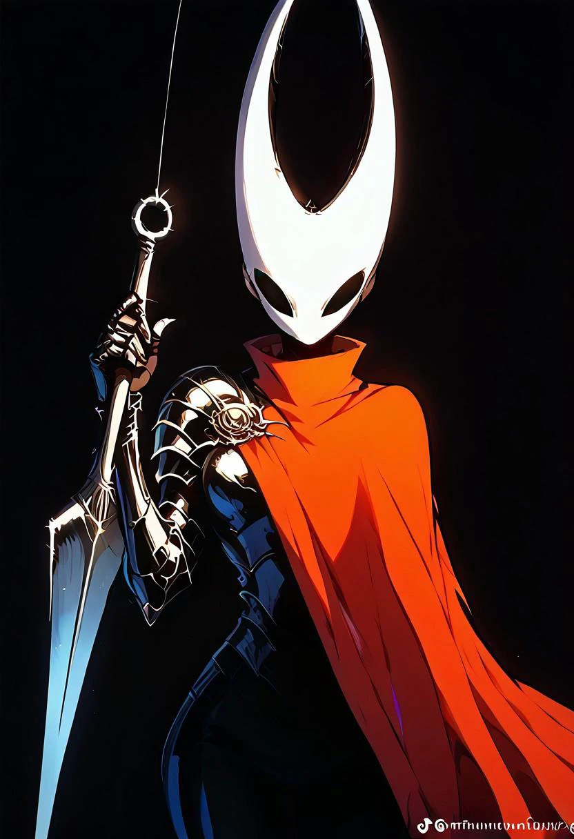 1girl, hornet_hk, red cloak,<lora:Hornet Hollow Knight Pony XL:1> <lora:V2_Pony_Fantasy_Knights_-_By_HailoKnight:0.95> hkstyle, holding weapon,, score_9, score_8_up, score_7_up, simple background, dark and blue background, vibrant colors, colorful, metal skin, expressionless, serious, chromecore, bright, dark vibes, dark fantas, armor, monochrome, colored skin, gradient