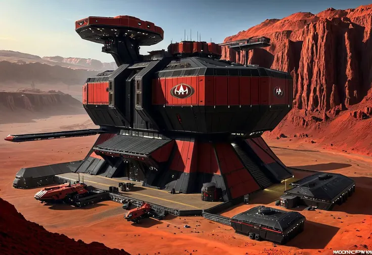 red and black sci-fi large boxy Tiberian outpost with hanger ,scifistyle, cinematic scifi, outdoors, scenery, mars science_fiction, art by mooncryptowow