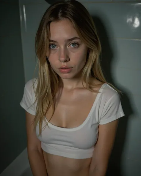 photo of 18 year old Austrian woman, (night photography, (flash photography), (in the dark bathroom background:1.3), (wearing thin white wet t-shirt:1.5), (wet cotton panties:1.2), Detailed Skin Textures and detailed skin pores and high skin detail and film grain, (small breasts:1.5), damp hair, (very long blonde hair), (dark lighting, heavy shadows, dark and gloomy aesthetic, ANALOG STYLE), shallow depth of field, sharp focus, perfect eyes