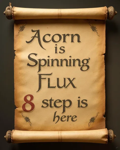 âan ancient scroll with the words 'Acorn Is Spinning Flux 8 Step Is Here' written in elaborate calligraphyâ