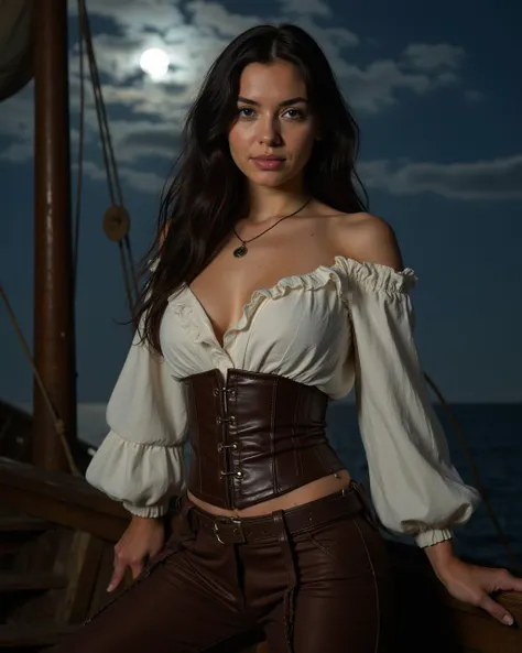 photograph of a 25 year old woman as a pirate, pirate clothes, pirate white medieval shirt with ruffle collar and ruffle sleeve, corset, brown leather pants, belt, beautiful, long black hair, medieval theme, action poses, jewelry, necklace, at pirate ship, night time, moonlight, detailed background, narrow hips, slim petite body, fit body, natural breasts, perfect hands, real skin, textured skin, intricately detailed eyes