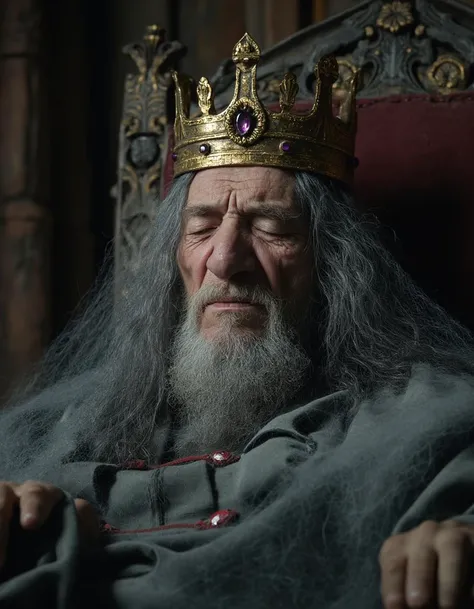 A cinematic photo of an old king sleeping on a throne facing viewer, his aged decrepit old face is covered with wrinkles and warts, his eyes are almost closed, his whole figure suggests that he is very weak, decrepit and exhausted. He has long gray hair and a long gray beard, wearing a big golden crown adorned with diamonds, rubies and amethysts. A cobweb covers his face like a veil.
<lora:sameface2:-0.8>
<lora:XLabs_Flux_Realism_FLUX:1>