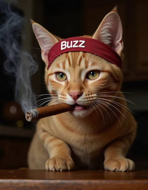 A realistic image of a cat smoking a cigar, wearing a headband around its forehead with "Buzz" written on it. The scene is highly detailed, capturing the textures of the cat's fur, the cigar, and the headband.