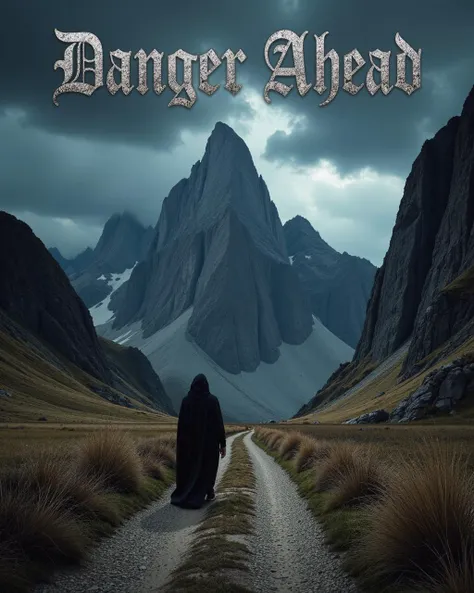 "metal album cover, a dark, dramatic landscape with a jagged mountain range and stormy sky. A grim reaper with deep black robes walking the path is prominently featured. Text: 'Danger Ahead' in distressed, Gothic font at the top, in silver"