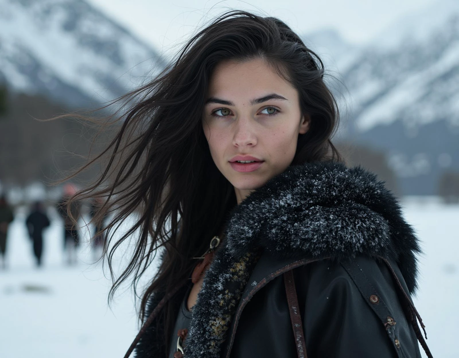 young woman that lived with dragons, now she leads the people to join them. action poses, leather and fur and animal skin clothing, jet black hair, epic, beasts, wizards, warriors, ancient time fantasy world setting, winter snow, mountains in background, cinematic lighting, real skin, textured skin, intricately detailed eyes, detailed lips, high contrast, subsurface scattering