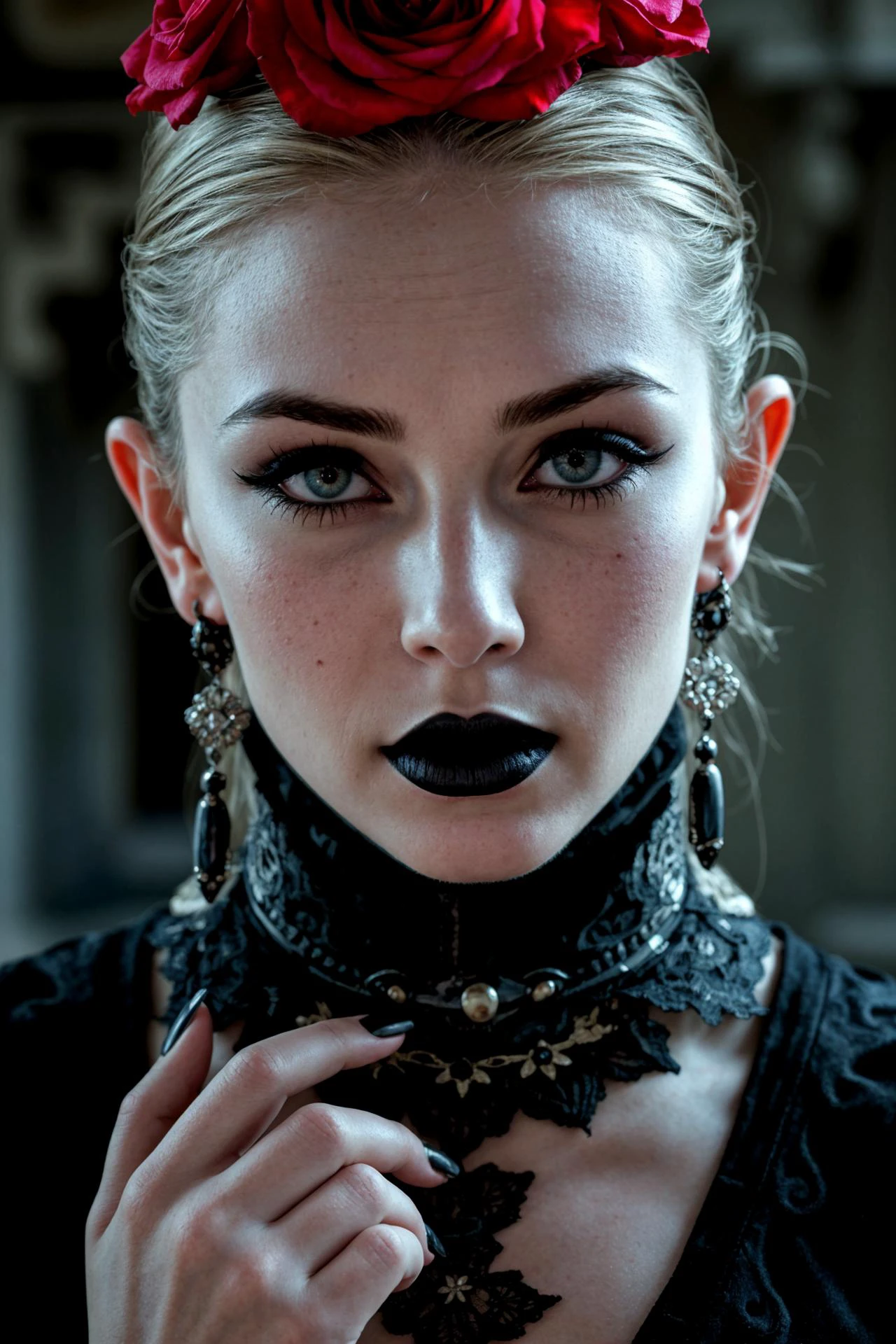 gothic makeup, dark elegance, (pale skin:1.1), black lipstick, heavy eyeliner, (overexposed:-1), deep shadows, intricate lace patterns, sharp features, (lowres:-1), (muted colors:-1), (dull:-1), dramatic contouring, intense black eyeshadow, dark glam, blood-red accents, (blurry:-1), (sharp focus), rich, deep blacks, crimson highlights, dark lace choker, heavy metallic jewelry, gothic fashion, (flat lighting:-1), high-definition, glowing pale skin, ultra-realistic, cinematic, dark eye makeup, (bad anatomy:-1), (high resolution:1.1), (subtle makeup:-1), vampire-inspired beauty, matte skin, ornate corset, dark roses, dramatic lighting, cathedral background, heavy piercings, (good anatomy:1.1), surreal beauty, glossy black nails, deep burgundy tones, moonlit glow, gothic horror, darkly seductive, Victorian gothic, velvet textures, (high-fashion gothic:1.2), nightmarish elegance, ethereal darkness, dramatic face, perfect porcelain skin, haunted allure, baroque elements, (over-the-top gothic styling:1.2), luxurious shadows, exaggerated smokey eyes, ultra-detailed lace
RAW photo, masterpiece, photorealistic, 8k, best quality, stunning eyes, skin detail, skin pores, blemishes