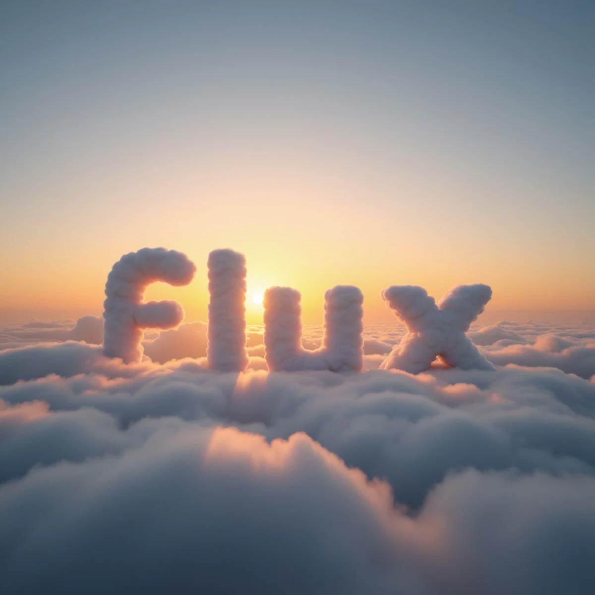 Text "flux" formed in the sky with clouds, creating a clear and distinct message, set against a sunset with natural lighting and a detailed cloudscape.