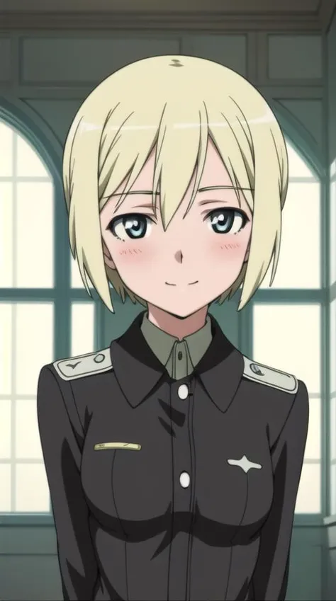 masterpiece, best quality,
erica hartmann, 1girl, uniform, blush, light smile,
close-up, looking at viewer,
indoors,
<lora:strike-witches-501st-erica-hartmann:0.8>