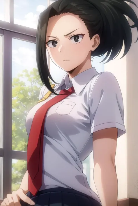 yaoyorozumomo, <lyco:momo yaoyorozu s3-lyco-nochekaiser:1>,
yaoyorozu momo, (momo yaoyorozu:1.2), long hair, bangs, black hair, ponytail, (black eyes:1.5), high ponytail, wide ponytail,
BREAK skirt, shirt, school uniform, white shirt, short sleeves, pleated skirt, necktie, collared shirt, red necktie, green skirt, u.a. school uniform,
BREAK indoors, classroom,
BREAK looking at viewer,
BREAK <lyco:GoodHands-beta2:1>, (masterpiece:1.2), best quality, high resolution, unity 8k wallpaper, (illustration:0.8), (beautiful detailed eyes:1.6), extremely detailed face, perfect lighting, extremely detailed CG, (perfect hands, perfect anatomy),