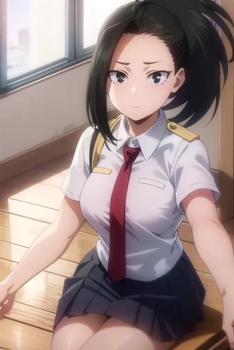 yaoyorozumomo, <lyco:momo yaoyorozu s3-lyco-nochekaiser:1>,
yaoyorozu momo, (momo yaoyorozu:1.2), long hair, bangs, black hair, ponytail, (black eyes:1.5), high ponytail, wide ponytail,
BREAK skirt, shirt, school uniform, white shirt, short sleeves, pleated skirt, necktie, collared shirt, red necktie, green skirt, u.a. school uniform,
BREAK indoors, classroom,
BREAK looking at viewer,
BREAK <lyco:GoodHands-beta2:1>, (masterpiece:1.2), best quality, high resolution, unity 8k wallpaper, (illustration:0.8), (beautiful detailed eyes:1.6), extremely detailed face, perfect lighting, extremely detailed CG, (perfect hands, perfect anatomy),