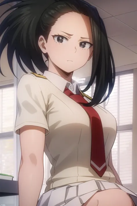 yaoyorozumomo, <lyco:momo yaoyorozu s3-lyco-nochekaiser:1>,
yaoyorozu momo, (momo yaoyorozu:1.2), long hair, bangs, black hair, ponytail, (black eyes:1.5), high ponytail, wide ponytail,
BREAK skirt, shirt, school uniform, white shirt, short sleeves, pleated skirt, necktie, collared shirt, red necktie, green skirt, u.a. school uniform,
BREAK indoors, classroom,
BREAK looking at viewer,
BREAK <lyco:GoodHands-beta2:1>, (masterpiece:1.2), best quality, high resolution, unity 8k wallpaper, (illustration:0.8), (beautiful detailed eyes:1.6), extremely detailed face, perfect lighting, extremely detailed CG, (perfect hands, perfect anatomy),