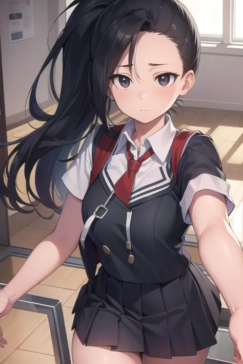 momoyaoyorozu, <lyco:momoyaoyorozu-lyco-nochekaiser:1>,
momo yaoyorozu, (black eyes:1.5), black hair, high ponytail, medium hair, ponytail, wide ponytail,
BREAK necktie, pleated skirt, school uniform, short sleeves, skirt, (u.a. school uniform:1.5),
BREAK looking at viewer, full body,
BREAK indoors, classroom,
BREAK <lyco:GoodHands-beta2:1>, (masterpiece:1.2), best quality, high resolution, unity 8k wallpaper, (illustration:0.8), (beautiful detailed eyes:1.6), extremely detailed face, perfect lighting, extremely detailed CG, (perfect hands, perfect anatomy),