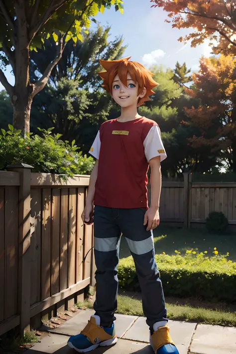 ChrisT, boy, red t-shirt, white sleeves, blue eyes, orange hair, spiked hair, pants, looking at viewer, happy, smiling, full body shot,
standing, outside, mansion backyard, fence, trees, change season, summer to fall, playful ambiance, extreme detail, hdr, realistic quality, <lora:ChrisT:.9>