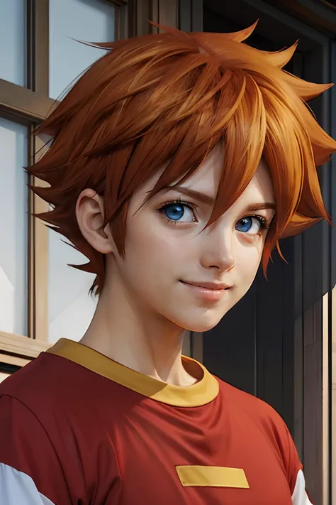 ChrisT, boy, red t-shirt, white sleeves, blue eyes, orange hair, spiked hair, looking at viewer, serious, smiling, close up portrait,
standing, outside, mansion backyard, change season, summer to fall, extreme detail, hdr, realistic quality, analog. <lora:ChrisT:.9>