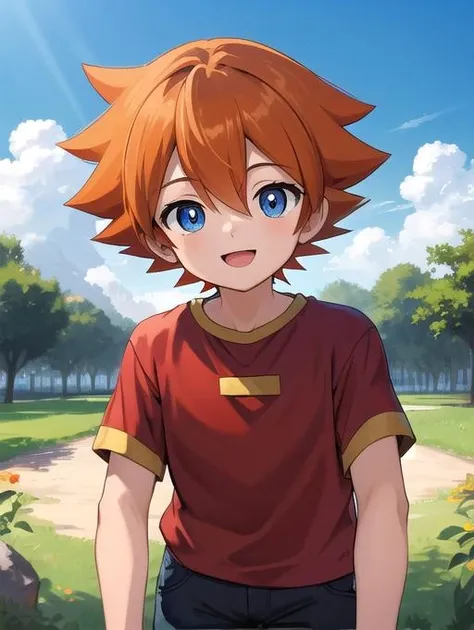 best quality, masterpiece, highres, detailed, perfect anatomy, <lora:Detail - add_detail:0.2>, ChrisT, red t-shirt with white sleees, orange hair, spiked hair, blue eyes, <lora:ChrisT-10:0.8>, happy, outdoors, male child,
