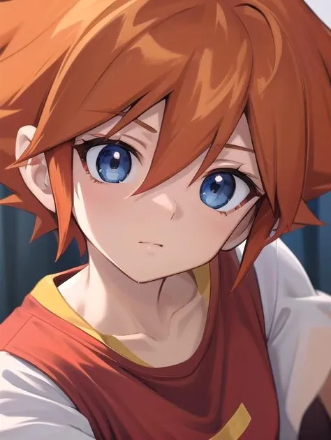 best quality, masterpiece, highres, detailed, perfect anatomy, <lora:Detail - add_detail:0.2>, ChrisT, red t-shirt with white sleees, orange hair, spiked hair, blue eyes, <lora:ChrisT-10:0.8>