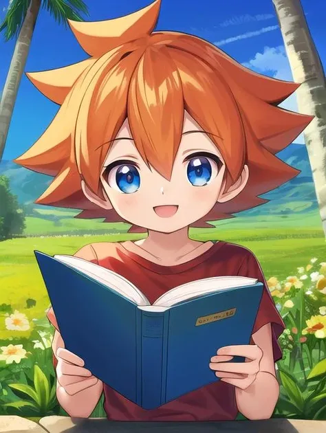 best quality, masterpiece, highres, detailed, perfect anatomy, <lora:Detail - add_detail:0.2>, ChrisT, red t-shirt with white sleees, orange hair, spiked hair, blue eyes, <lora:ChrisT-10:0.8>, happy, outdoors, male child, reading a book,