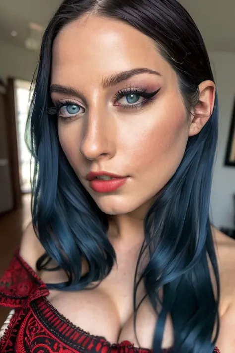 Portrait of an female 29 years old, jewelz blu, full body, wearing a red dress, blue eyes, blue hair, intricate details, highly detailed, slate atmosphere, cinematic, normal colors, normal shot, colorful colors, film grain, lut, horny,  <lora:JewelzBlu-V1.3.1:1>, Realism, RTX, Shaders, Natural Lighting, ((high quality:1.2, masterpiece:1.2)), absurdres, high resolution, (8k resolution), 8k, 8kres, 8k res, high details, detailed and intricate, intricate details, high intricate details, absurd amount of details, super resolution, ultra hd, megapixel,