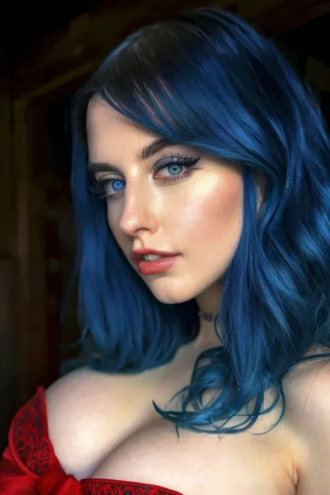 Portrait of an female 29 years old, jewelz blu, full body, wearing a red dress, blue eyes, blue hair, intricate details, highly detailed, slate atmosphere, cinematic, normal colors, normal shot, colorful colors, film grain, lut, horny,  <lora:JewelzBlu-V1.3.1:1>, Realism, RTX, Shaders, Natural Lighting, ((high quality:1.2, masterpiece:1.2)), absurdres, high resolution, (8k resolution), 8k, 8kres, 8k res, high details, detailed and intricate, intricate details, high intricate details, absurd amount of details, super resolution, ultra hd, megapixel,